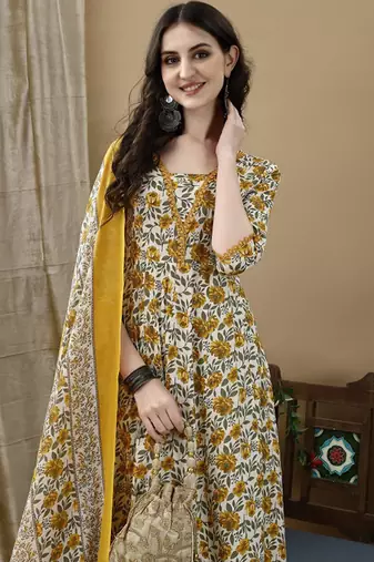 Floral printed pure cotton anarkali kurta with trousers & dupatta