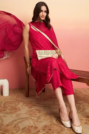 Embroidered shoulder straps straight kurta with trousers & dupatta