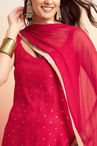 Embroidered shoulder straps straight kurta with trousers & dupatta