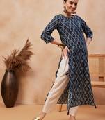 Navy blue ethnic motifs printed cotton straight kurta