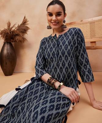 Navy blue ethnic motifs printed cotton straight kurta 2