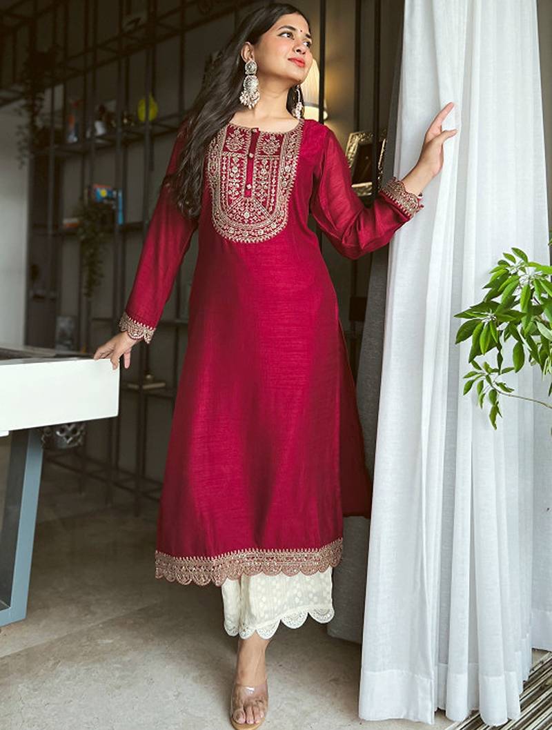 Maroon yoke design embellished kurta