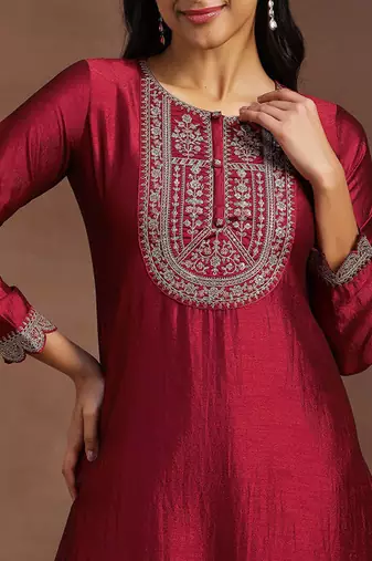Maroon yoke design embellished kurta