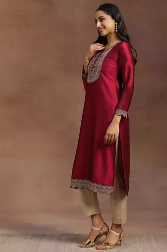 Maroon yoke design embellished kurta