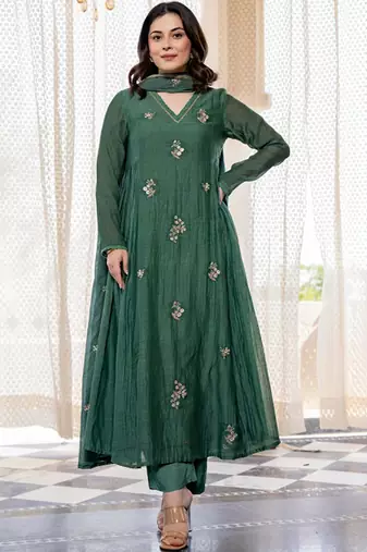 Ethnic motifs embroidered panelled thread work pure cotton kurta with trousers & with dupatta