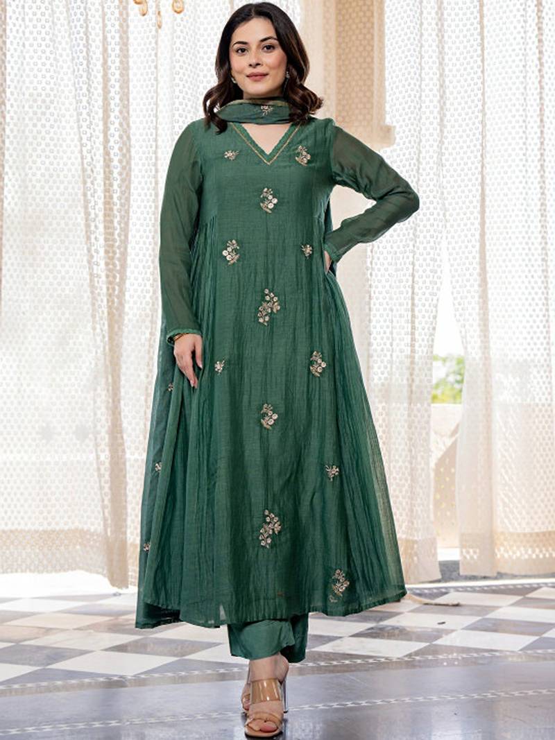 Ethnic motifs embroidered panelled thread work pure cotton kurta with trousers & with dupatta