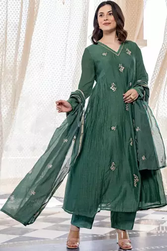 Ethnic motifs embroidered panelled thread work pure cotton kurta with trousers & with dupatta