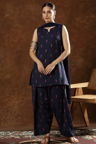 Cotton printed notch neck straight kurti farshi salwar with dupatta