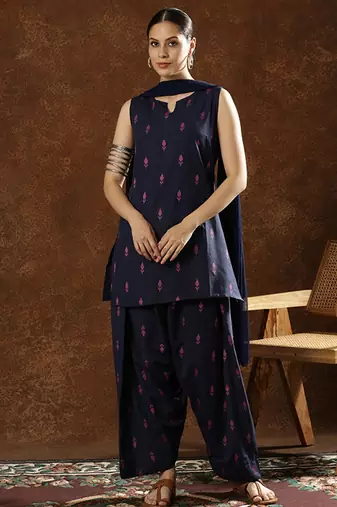 Cotton printed notch neck straight kurti farshi salwar with dupatta
