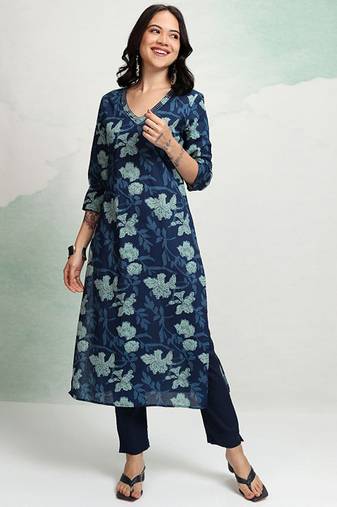 Floral printed v-neck cotton straight kurta