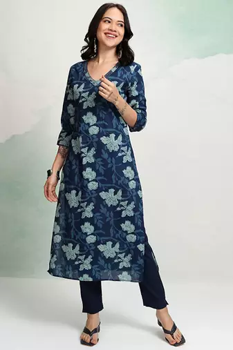 Floral printed v-neck cotton straight kurta