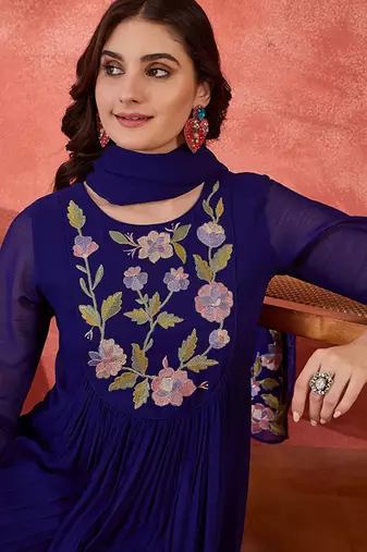 Floral yoke design straight a-line with trouser and dupatta