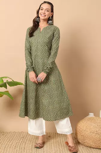 Floral printed notch collar thread work cotton a-line kurta