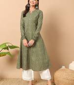 Floral printed notch collar thread work cotton a-line kurta