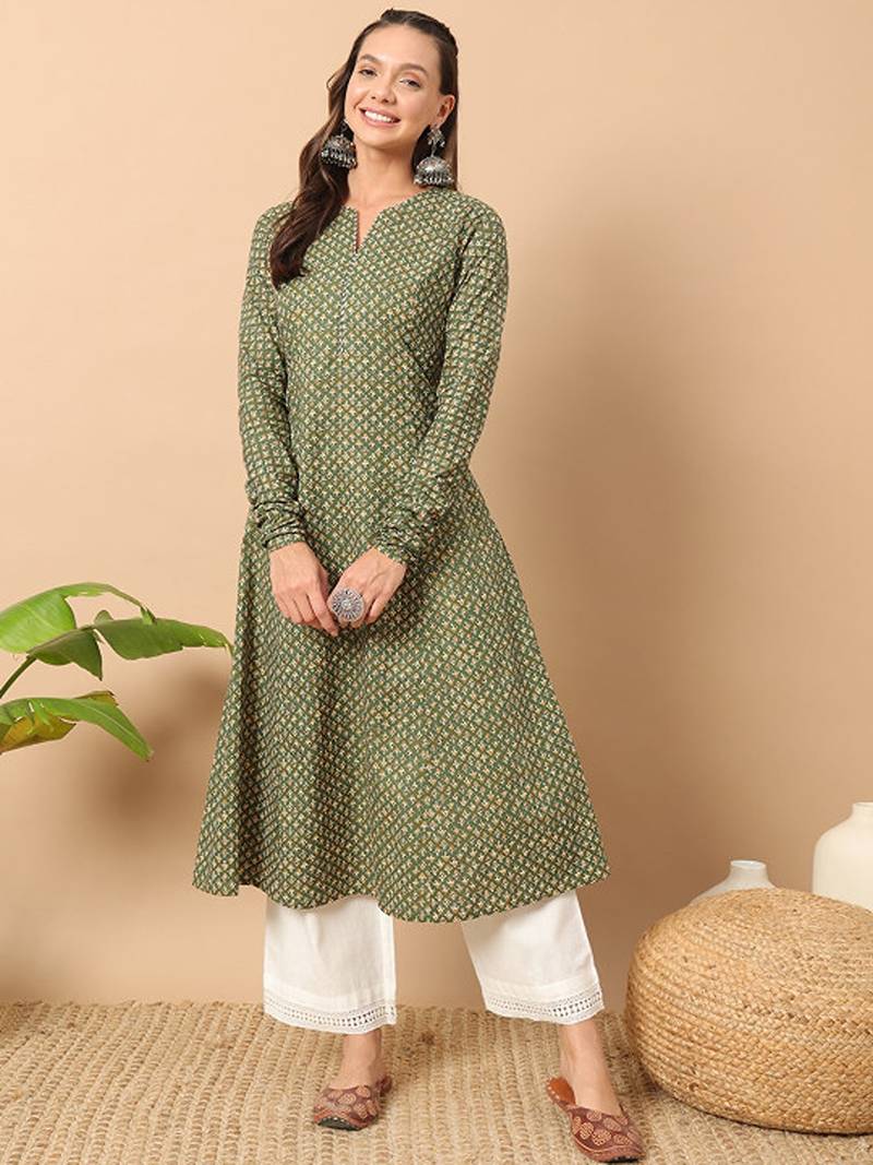Floral printed notch collar thread work cotton a-line kurta