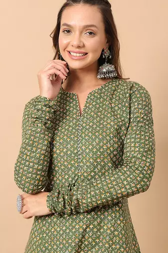 Floral printed notch collar thread work cotton a-line kurta