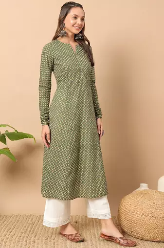 Floral printed notch collar thread work cotton a-line kurta