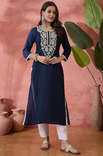 Embroidered straight chickenkari kurta