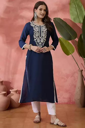 Embroidered straight chickenkari kurta