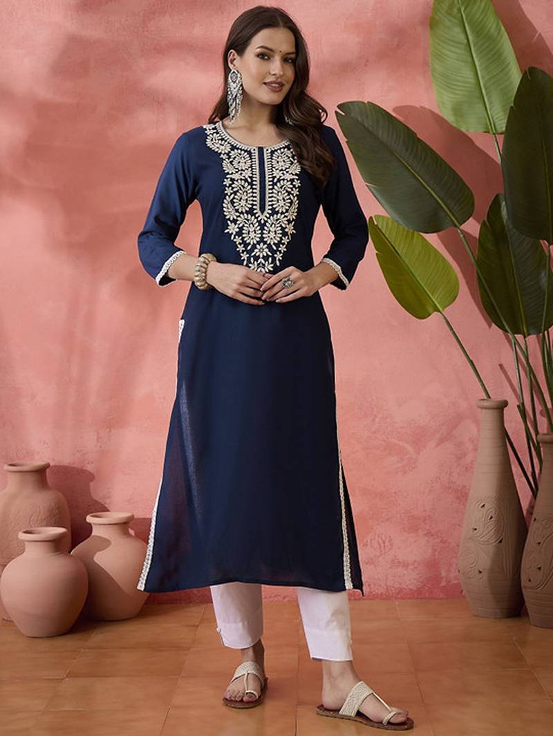 Embroidered straight chickenkari kurta