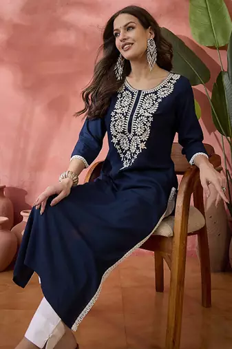 Embroidered straight chickenkari kurta
