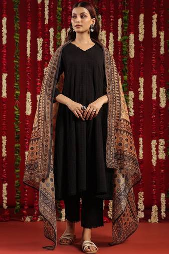 Black & orange geometric woven design cotton anarkali kurta with trousers & dupatta
