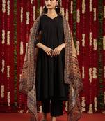 Black & orange geometric woven design cotton anarkali kurta with trousers & dupatta