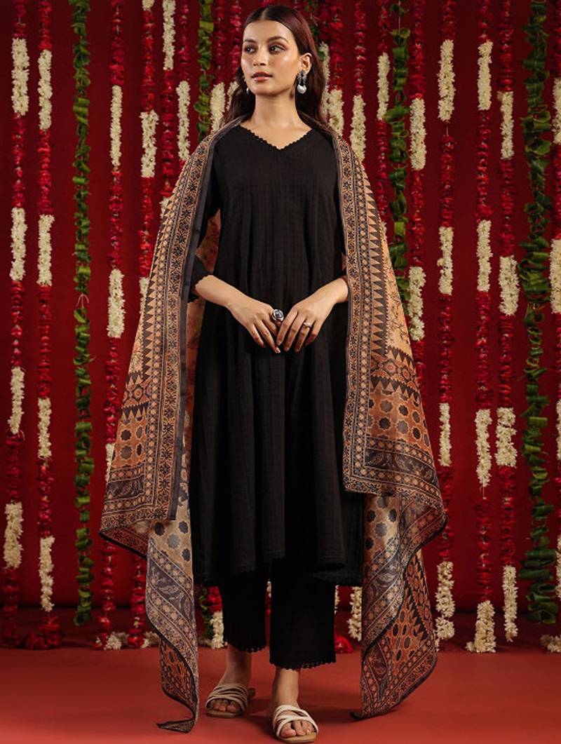 Black & orange geometric woven design cotton anarkali kurta with trousers & dupatta