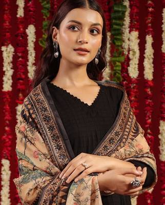 Black & orange geometric woven design cotton anarkali kurta with trousers & dupatta 2