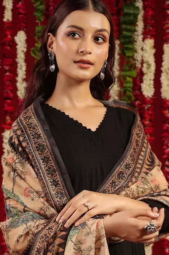 Black & orange geometric woven design cotton anarkali kurta with trousers & dupatta