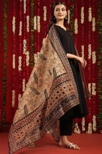 Black & orange geometric woven design cotton anarkali kurta with trousers & dupatta
