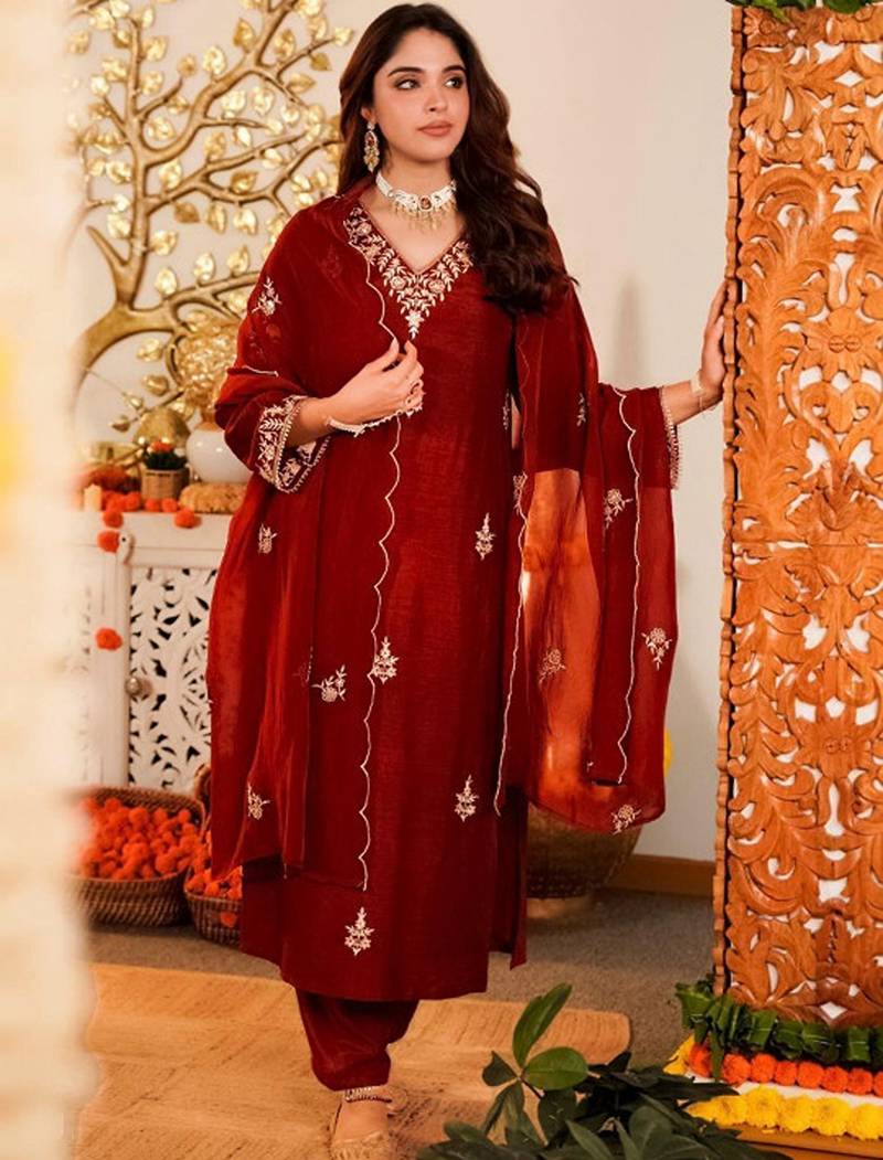 Embroidered regular kurta with trousers & with dupatta