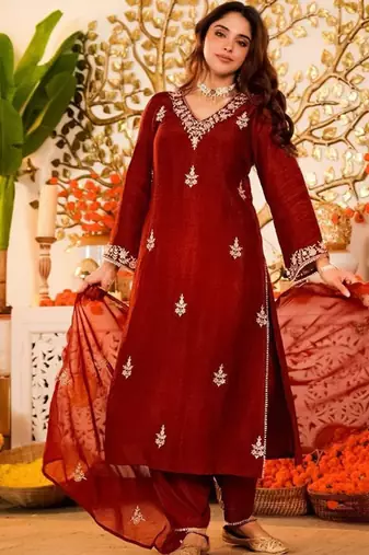 Embroidered regular kurta with trousers & with dupatta