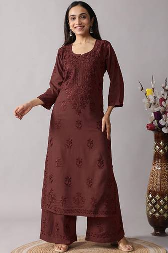Floral embroidered chikankari notch neck straight kurta with palazzos