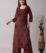 Floral embroidered chikankari notch neck straight kurta with palazzos