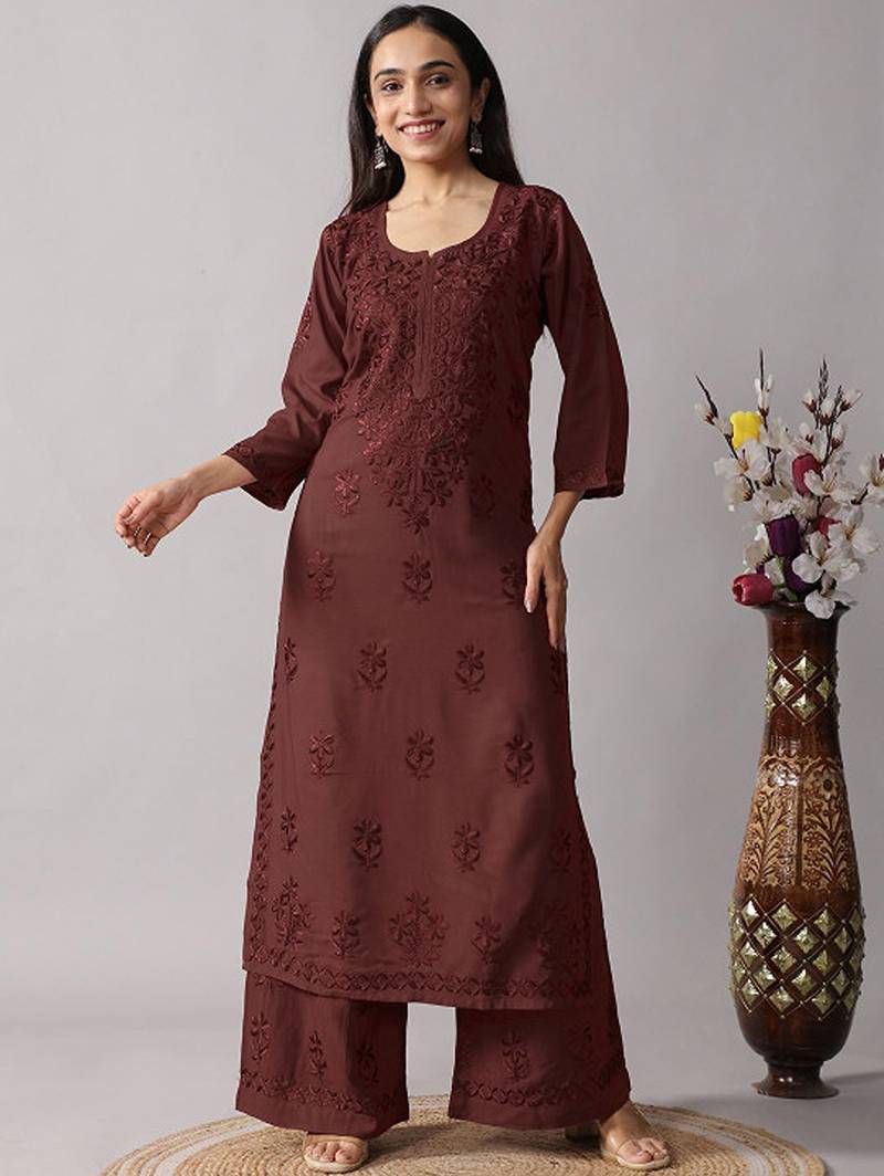 Floral embroidered chikankari notch neck straight kurta with palazzos
