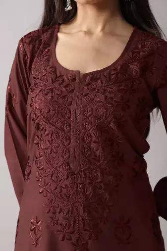 Floral embroidered chikankari notch neck straight kurta with palazzos