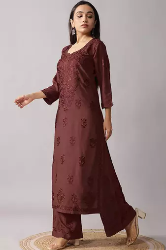 Floral embroidered chikankari notch neck straight kurta with palazzos