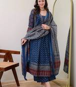 Floral printed v neck anarkali kurta with trousers & dupatta
