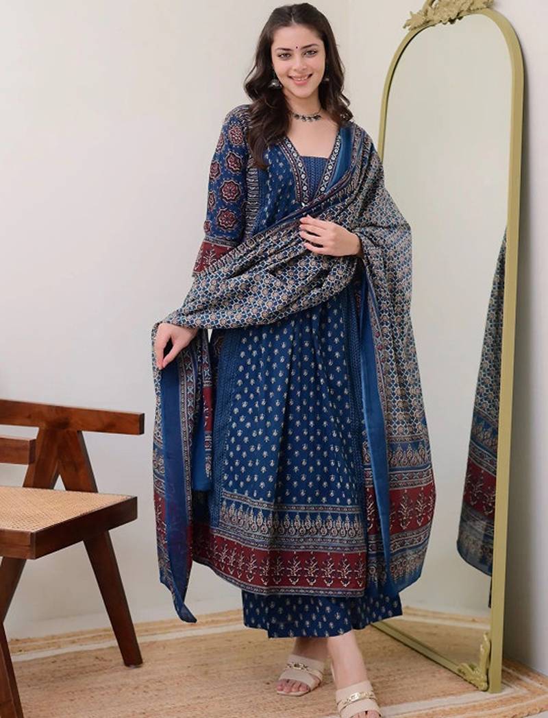 Floral printed v neck anarkali kurta with trousers & dupatta