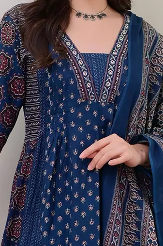 Floral printed v neck anarkali kurta with trousers & dupatta