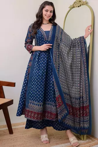 Floral printed v neck anarkali kurta with trousers & dupatta