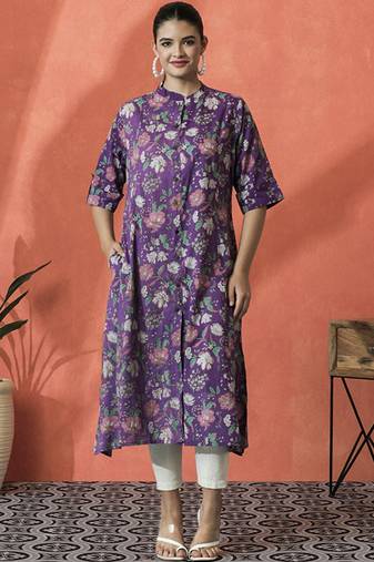 Floral printed mandarin collar pure cotton a-line kurta
