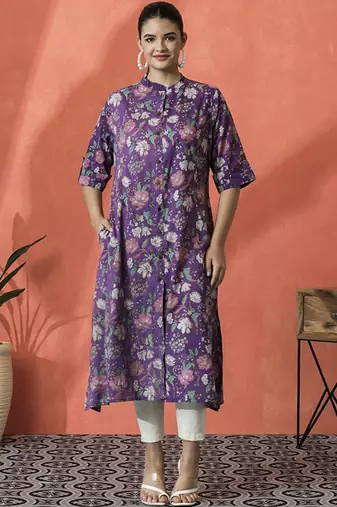 Floral printed mandarin collar pure cotton a-line kurta