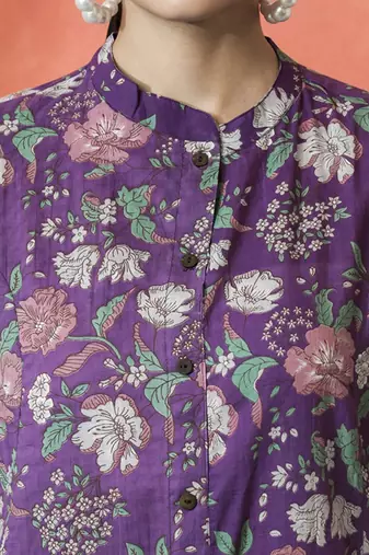 Floral printed mandarin collar pure cotton a-line kurta