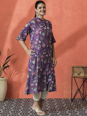 Floral printed mandarin collar pure cotton a-line kurta 3