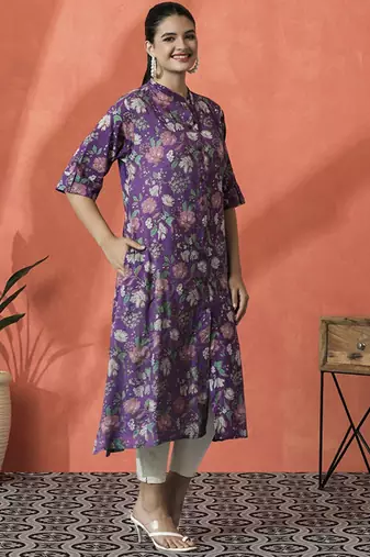 Floral printed mandarin collar pure cotton a-line kurta