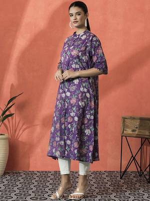 Floral printed mandarin collar pure cotton a-line kurta 4
