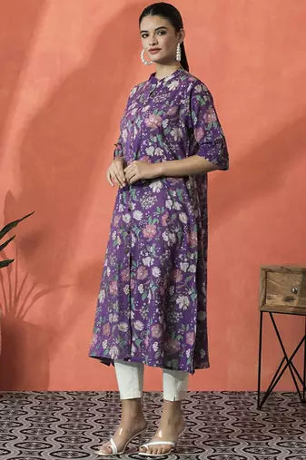 Floral printed mandarin collar pure cotton a-line kurta