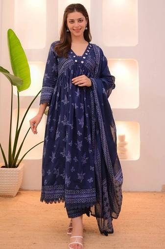 Floral printed v-neck empire anarkali mirror work kurta with trousers & dupatta